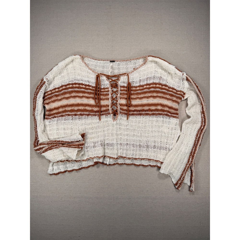 Free People Lace Up Striped Open Knit Crop Sweater Cream Rust XS